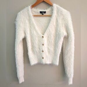 Slate and Willow Fuzzy Eyelash Argyle White Crop Cardigan Sweater Size XS